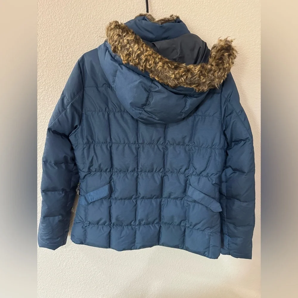 Eddie Bauer Women’s Large Blue Down Puffer Jacket Faux Fur Hood Winter Coat